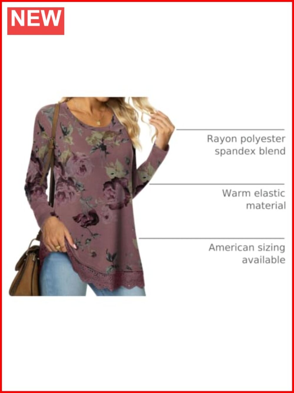 Tunic Top for Women Long Sleeve Loose Fit Dressy Casual Blouse with Lace - Picture 3 of 6